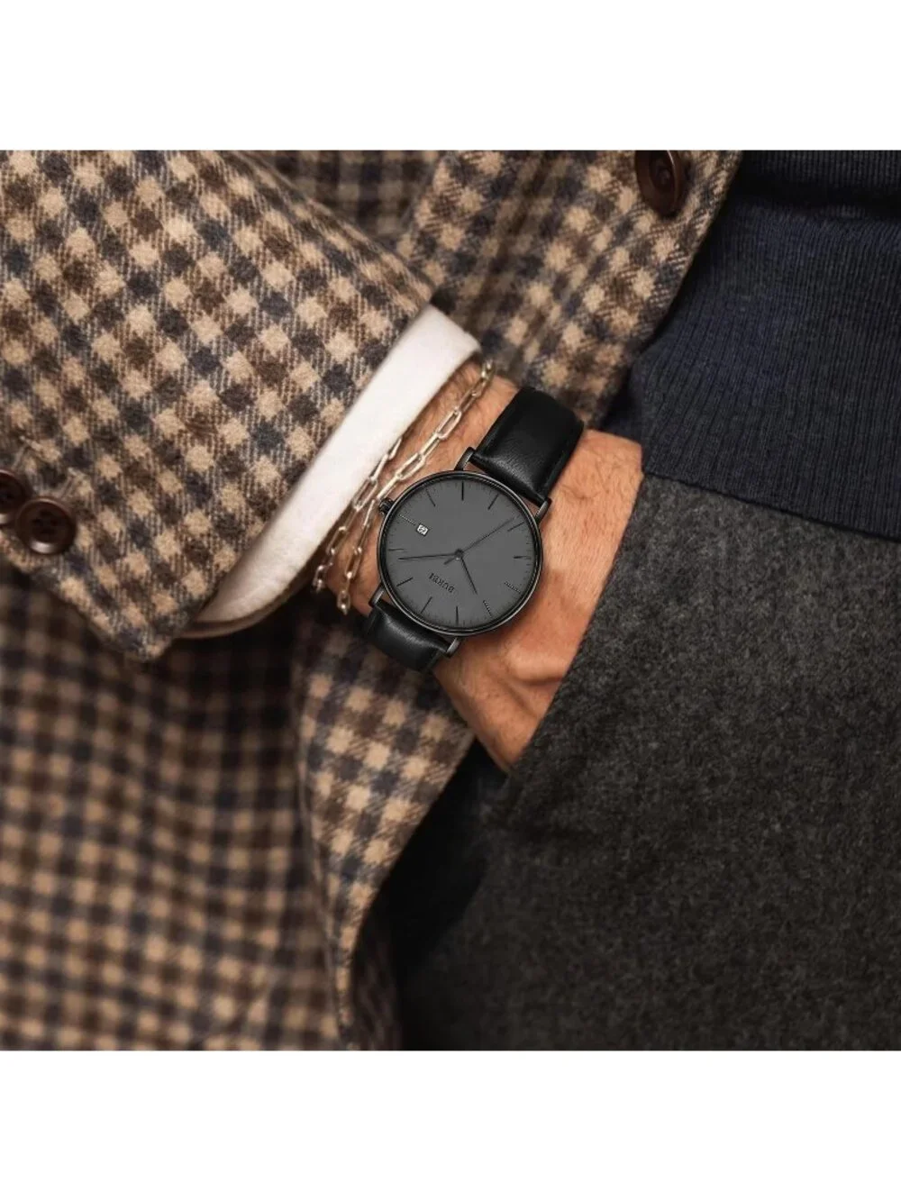 Men's Dark Grey Ultra Thin Minimalist Analog Waterproof Casual Wrist Watch